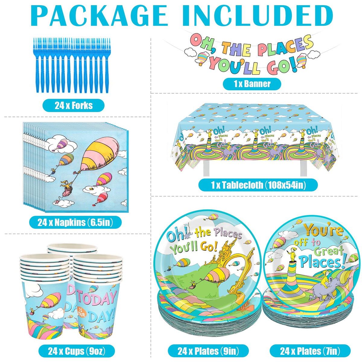 HigzYovn Oh The Places 9-inch plates ready for classroom celebration meals