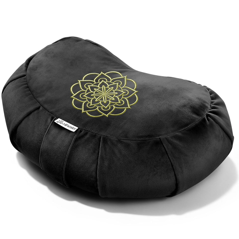 Hihealer Crescent cushion front view with ergonomic crescent shape for seated meditation.