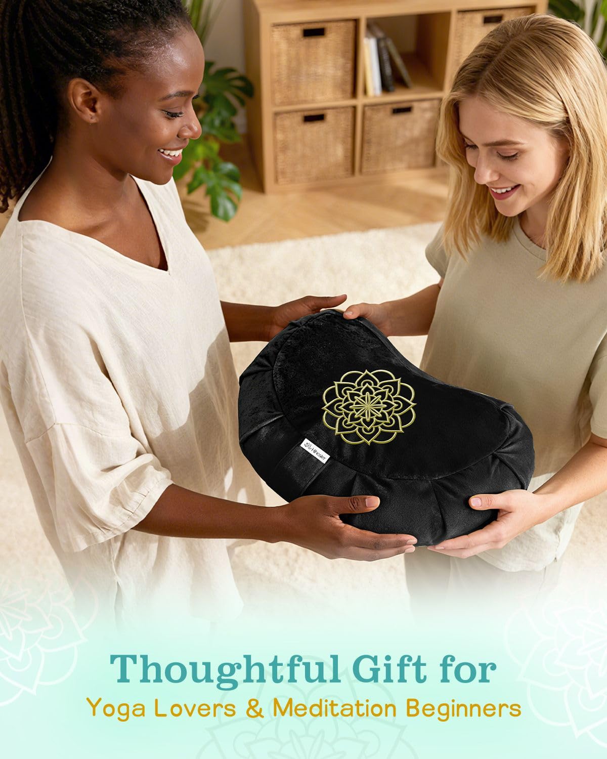 Packaging box image for gift-ready Hihealer Crescent cushion.