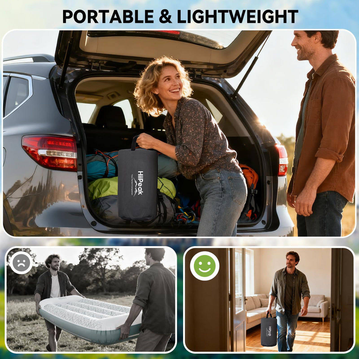 HiiPeak compact dimensions show 190 by 80 by 20 cm for easy storage