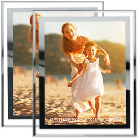 HIKWADERY 8x10 silver frame with mirrored edge showcasing a photo on a tabletop