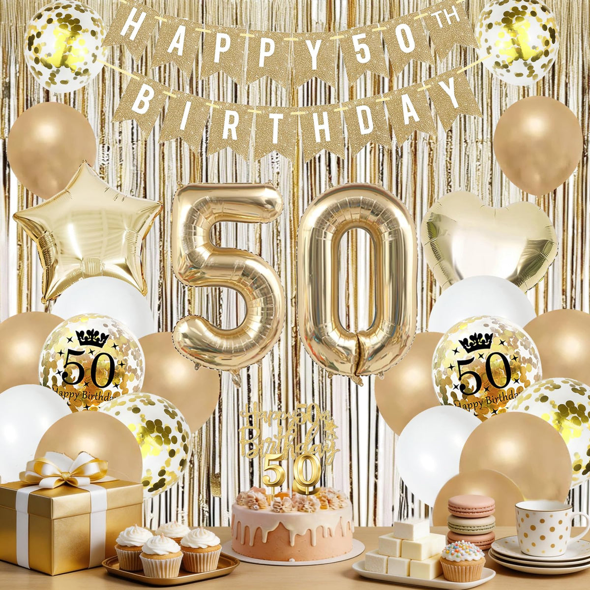 HILAVO gold and white 12-inch balloons unify the palette