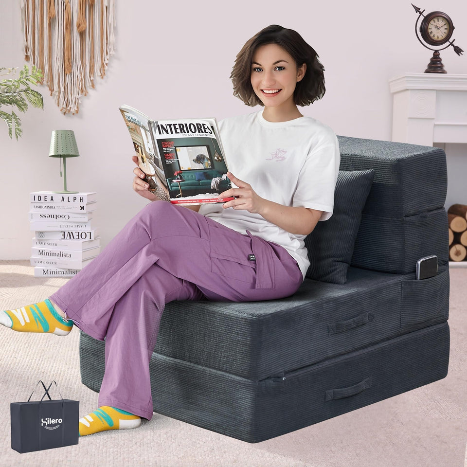 Hilero 4-in-1 folding sofa bed for flexible seating and sleeping options.