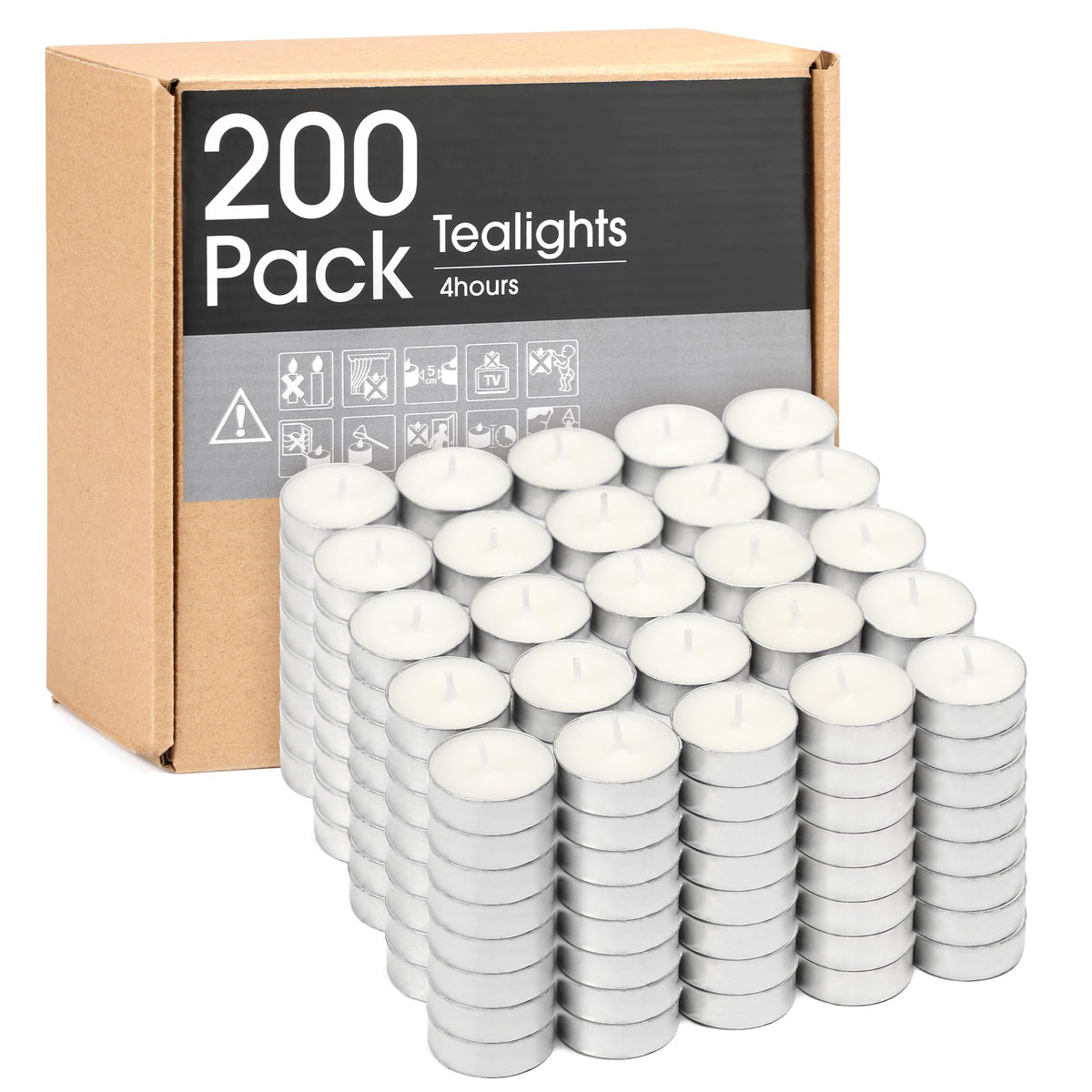 Hilumida unscented tea lights 200-pack boxed for bulk home use and events.