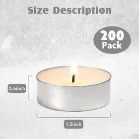 Hilumida unscented tea lights 200-pack showing 4-6 hour burn time.
