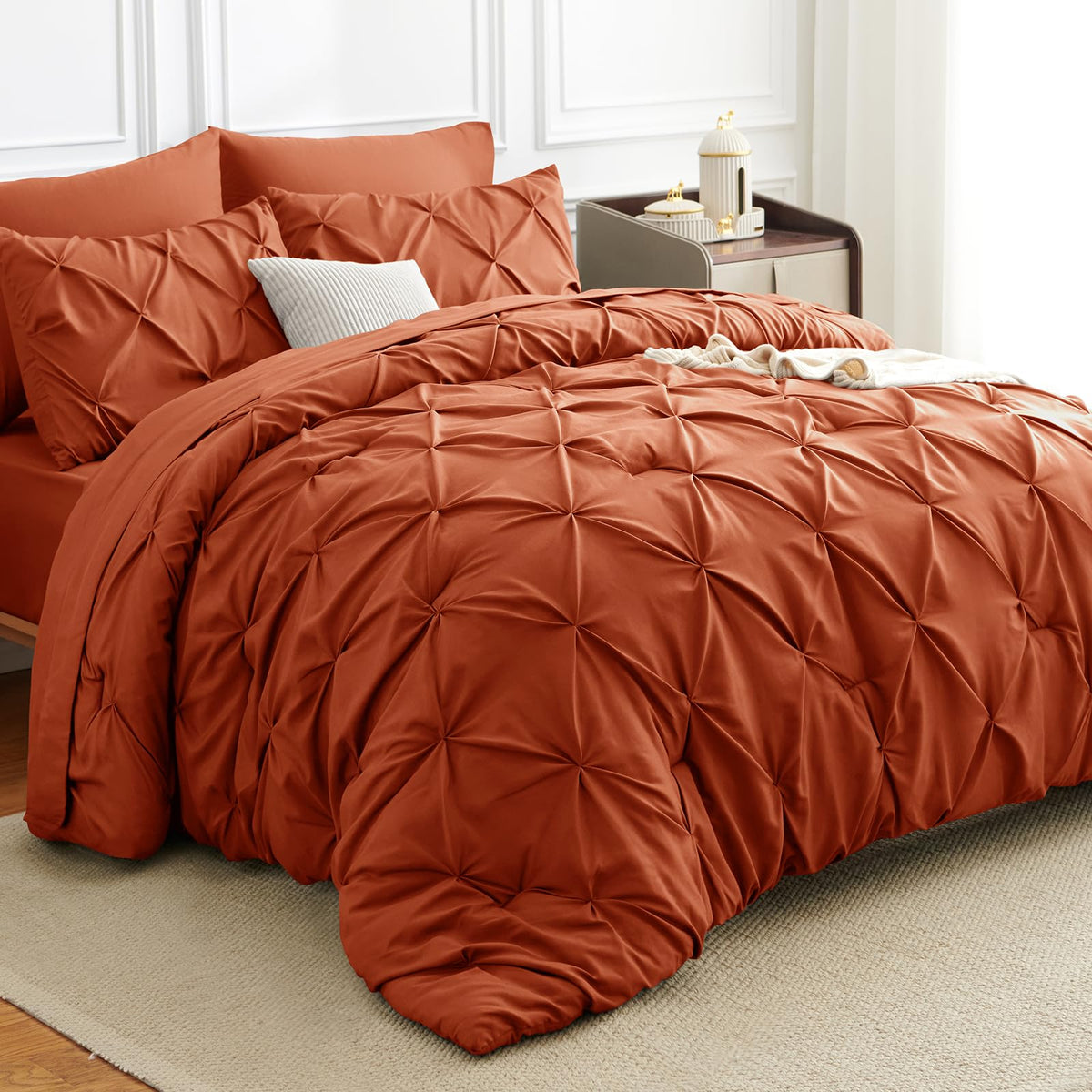 HIMEET Pintuck Bed in a Bag comforter in burnt orange for cozy, modern style
