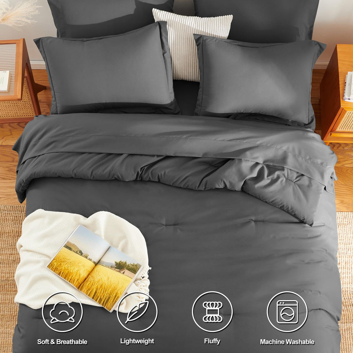 HIMEET Queen Comforter Set closeup fabric reveals soft microfiber texture
