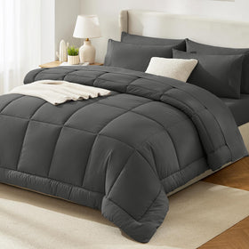 HIMEET Queen Comforter Set in dark grey with ultra-soft microfiber close-up.