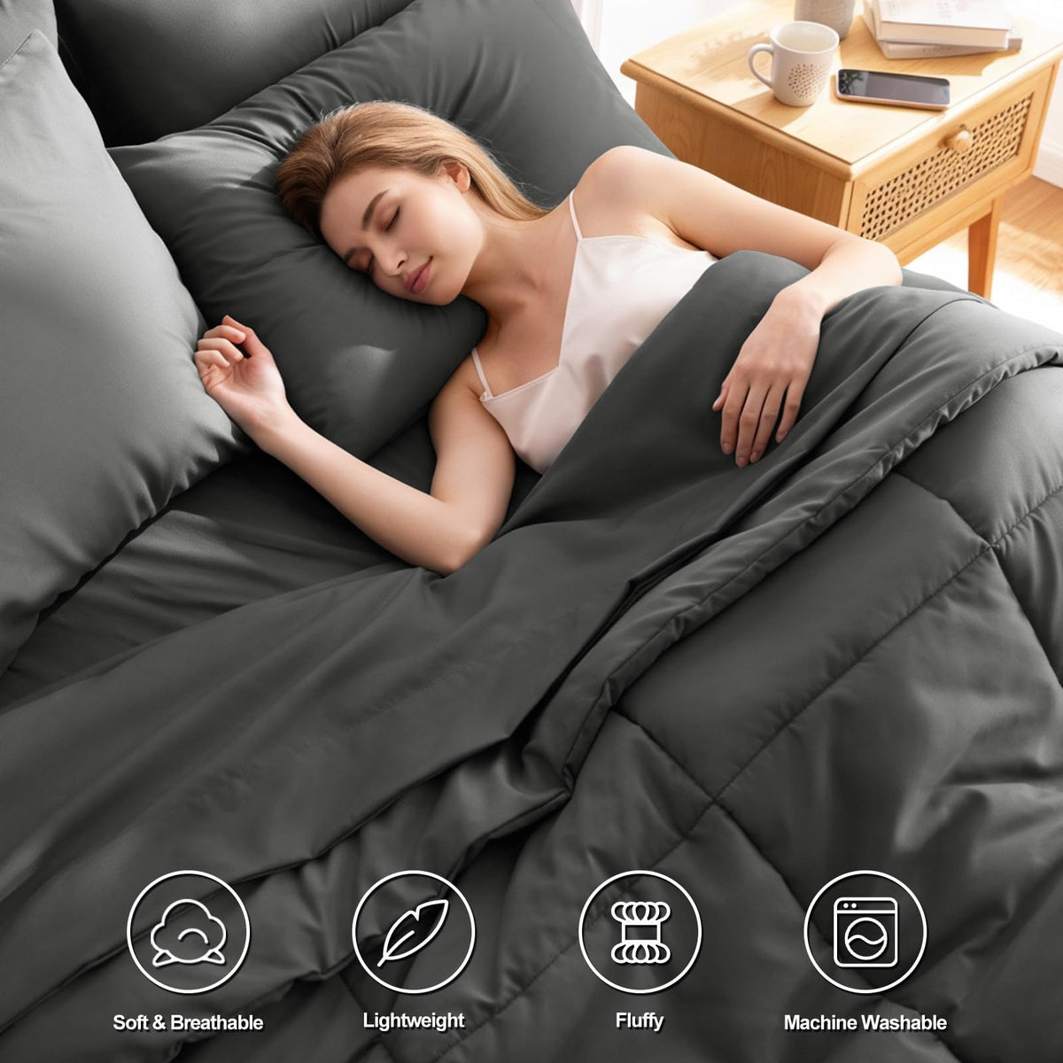 HIMEET Queen Comforter Set detail of durable box stitching.