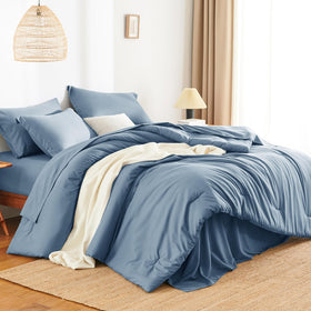 HIMEET bed-in-a-bag layout with comforter, flat and fitted sheets