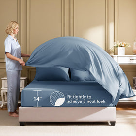 HIMEET flat and fitted sheets shown to fit queen beds