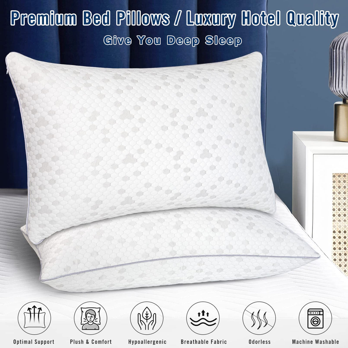 HIMOON shredded memory foam pillows, side view, offering versatile support across sleeping positions.