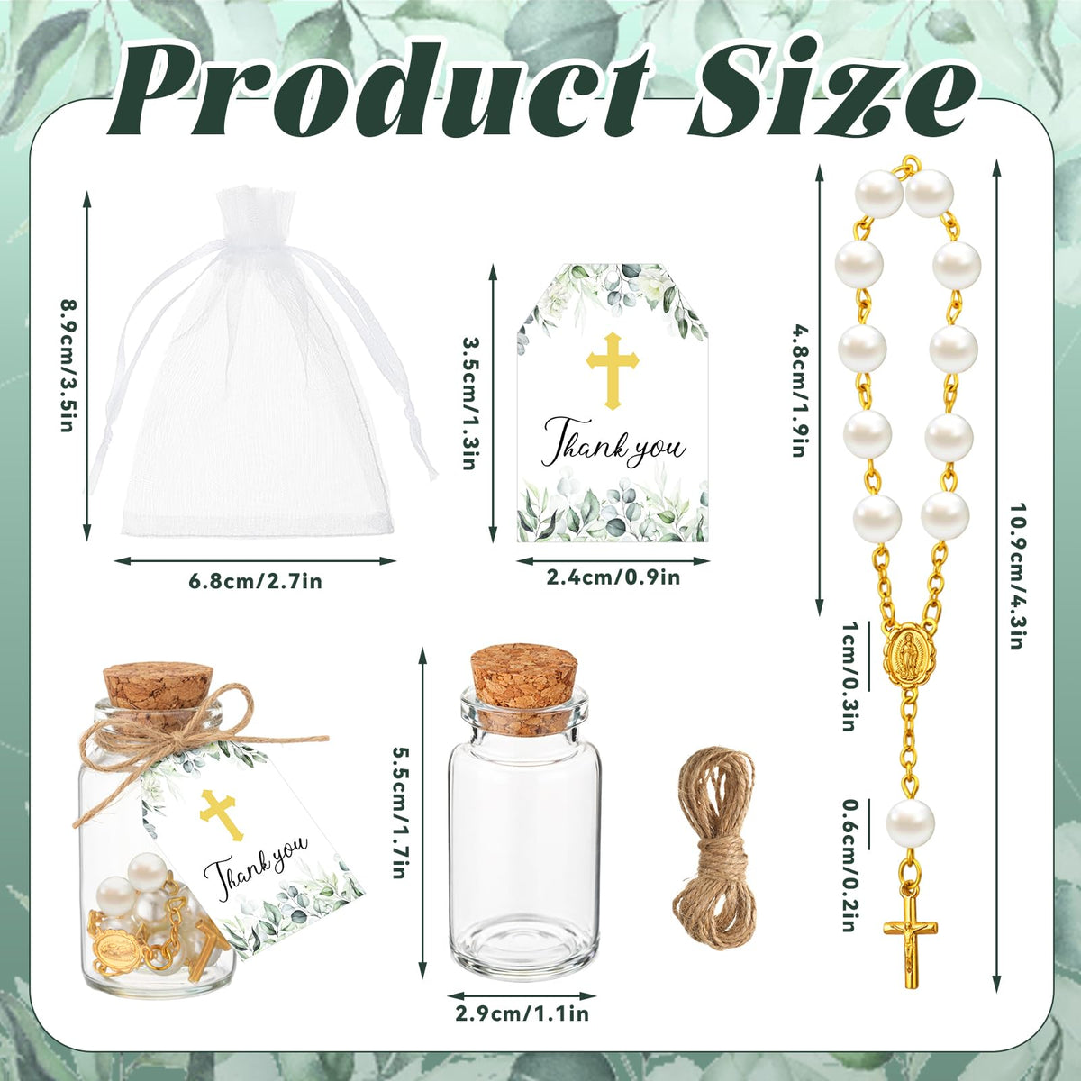 Hinly glass bottles with cork seal rosaries for gifting.