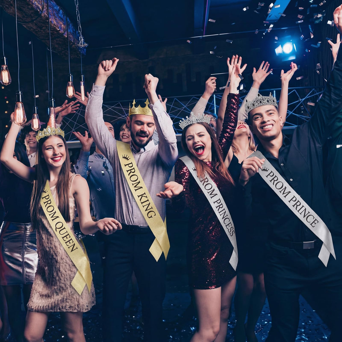 Hinly prom crowns and sashes set showcases full royal party setup.