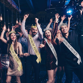 Hinly prom crowns and sashes set showcases full royal party setup.