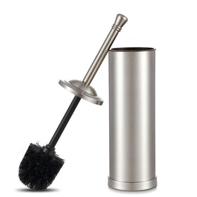 Hioflyme brushed nickel toilet brush with a sleek finish for a clean bathroom.