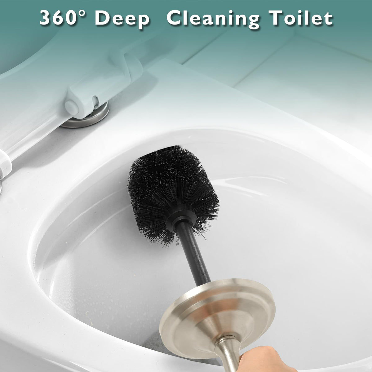 Hioflyme toilet brush handle emphasizes long reach for comfortable cleaning.
