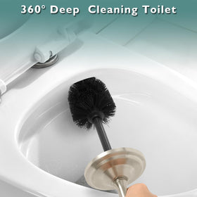 Hioflyme toilet brush handle emphasizes long reach for comfortable cleaning.
