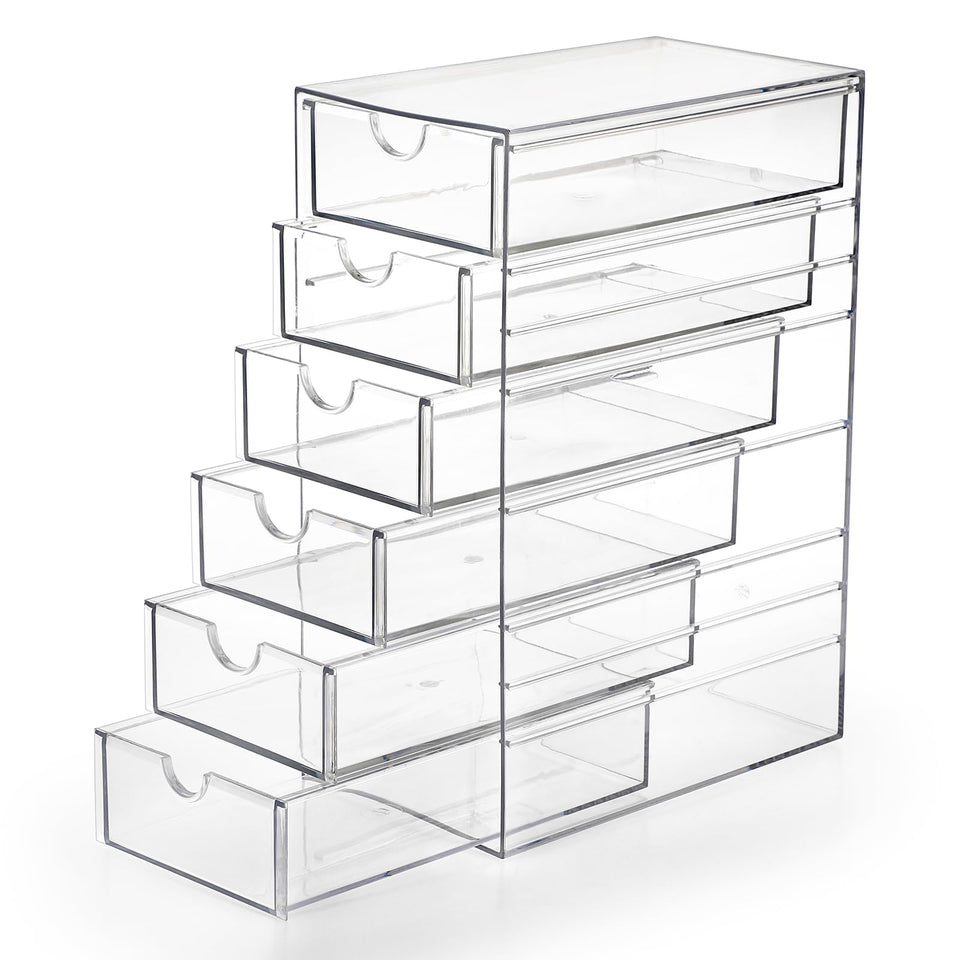 Hipiwe 6-drawer clear desktop organizer front view for quick access.