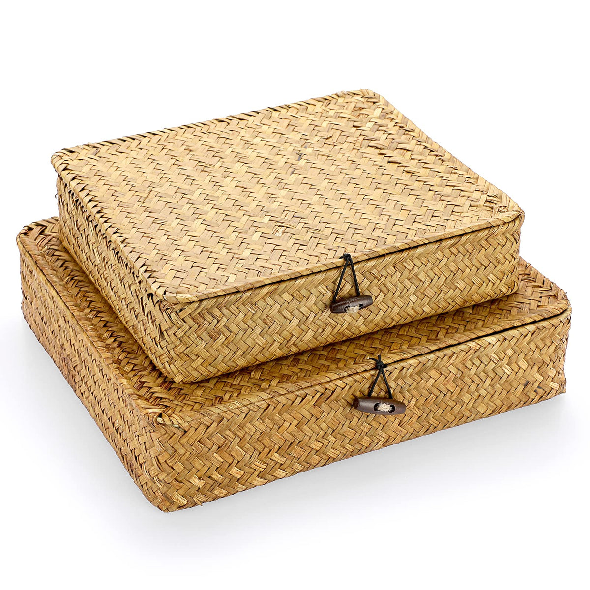 Hipiwe large flat-woven seagrass basket with lid for organized shelving