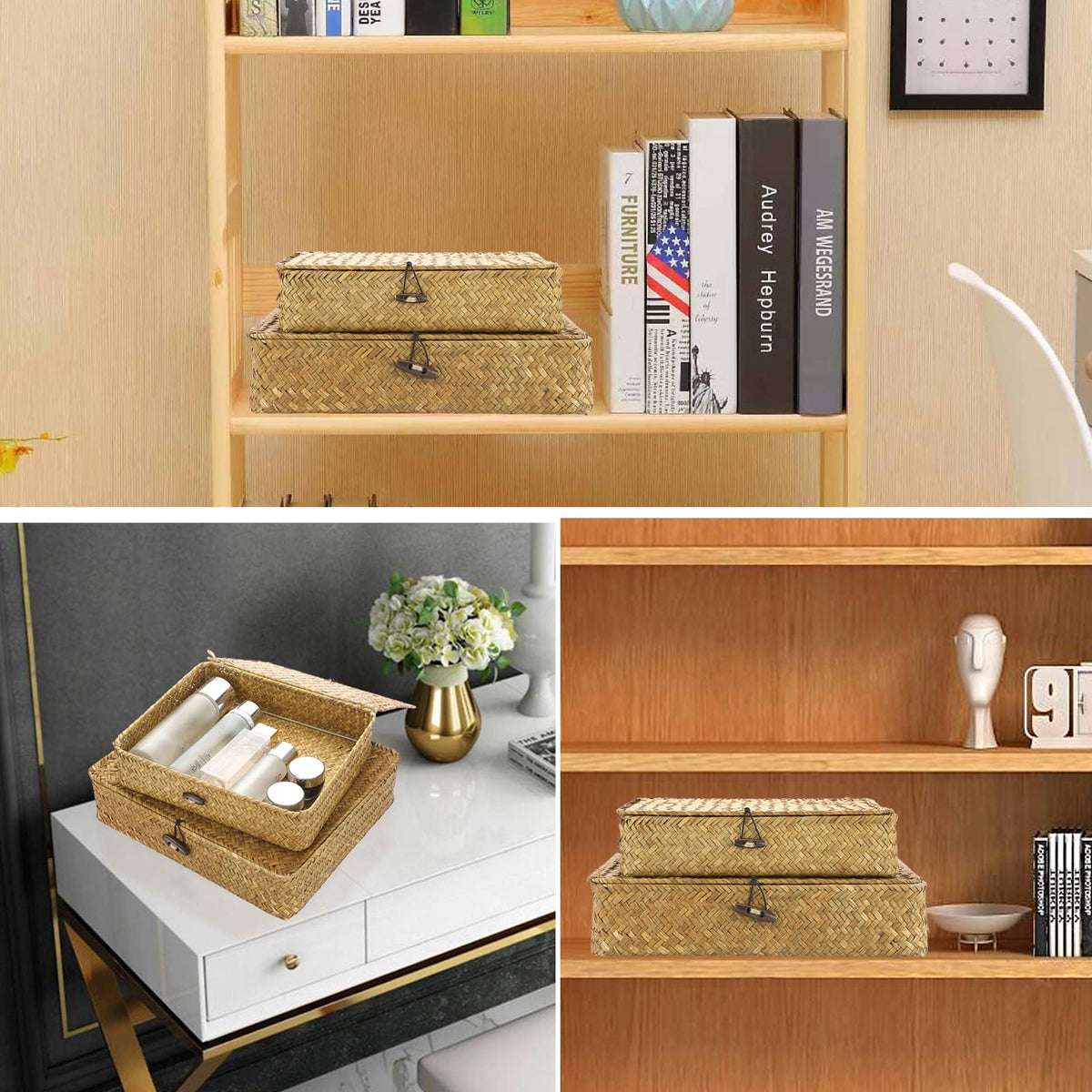 Hipiwe baskets on a shelf demonstrating flat profile for flexible placement