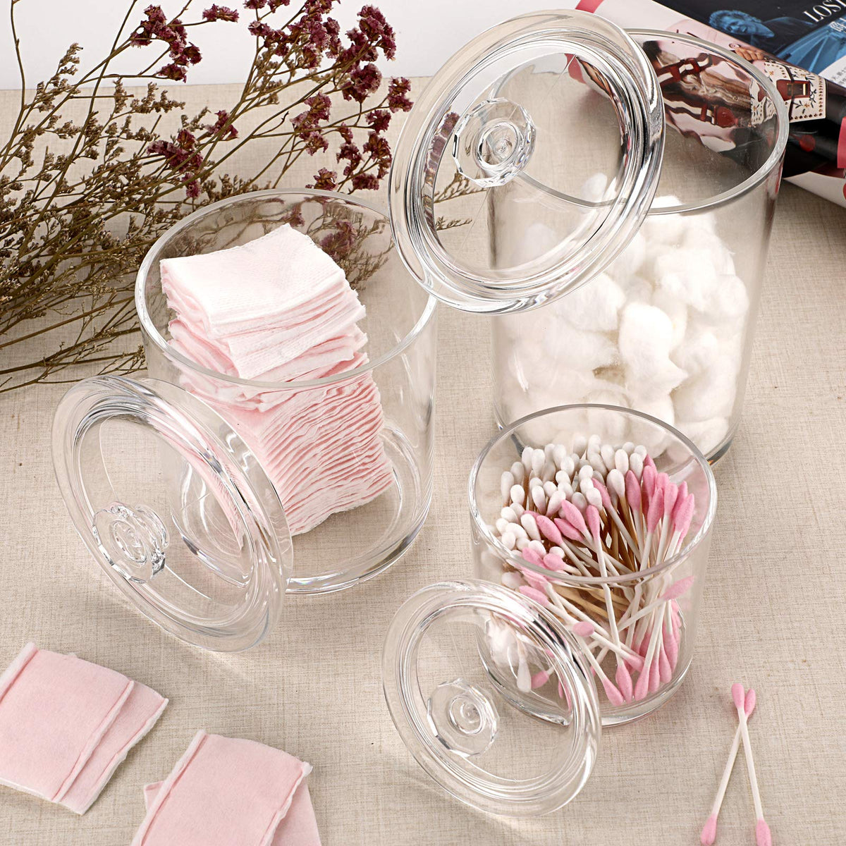 Hipiwe 15oz apothecary jar with lid on, compact and tidy vanity storage.
