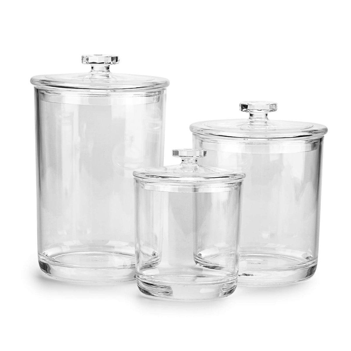 Hipiwe 60oz clear apothecary jar with lid on for bathroom storage.