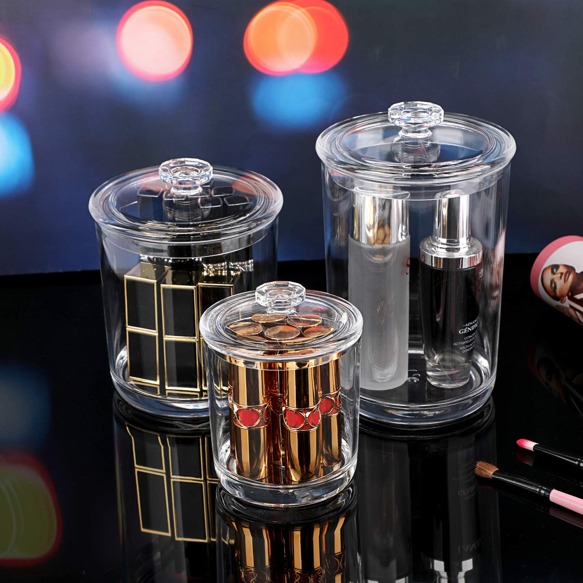 Hipiwe clear acrylic jars on countertop for versatile organization.