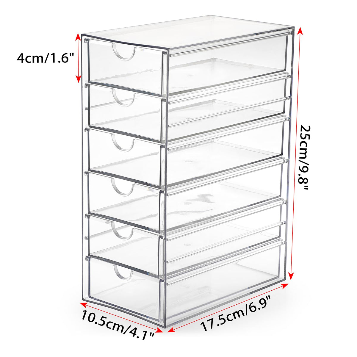 Hipiwe clear plastic drawer box front view showing organized compartments.