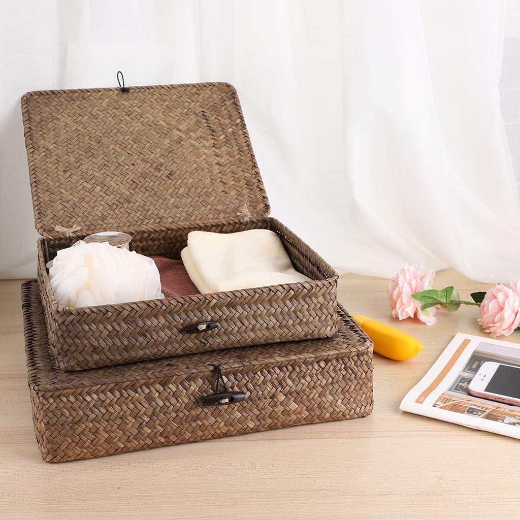 Hipiwe large flat-woven seagrass basket with lid for shelf organization.