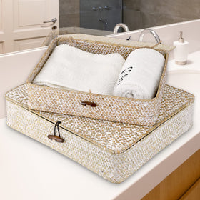 Hipiwe flat-woven seagrass basket on a shelf blends storage and decor.