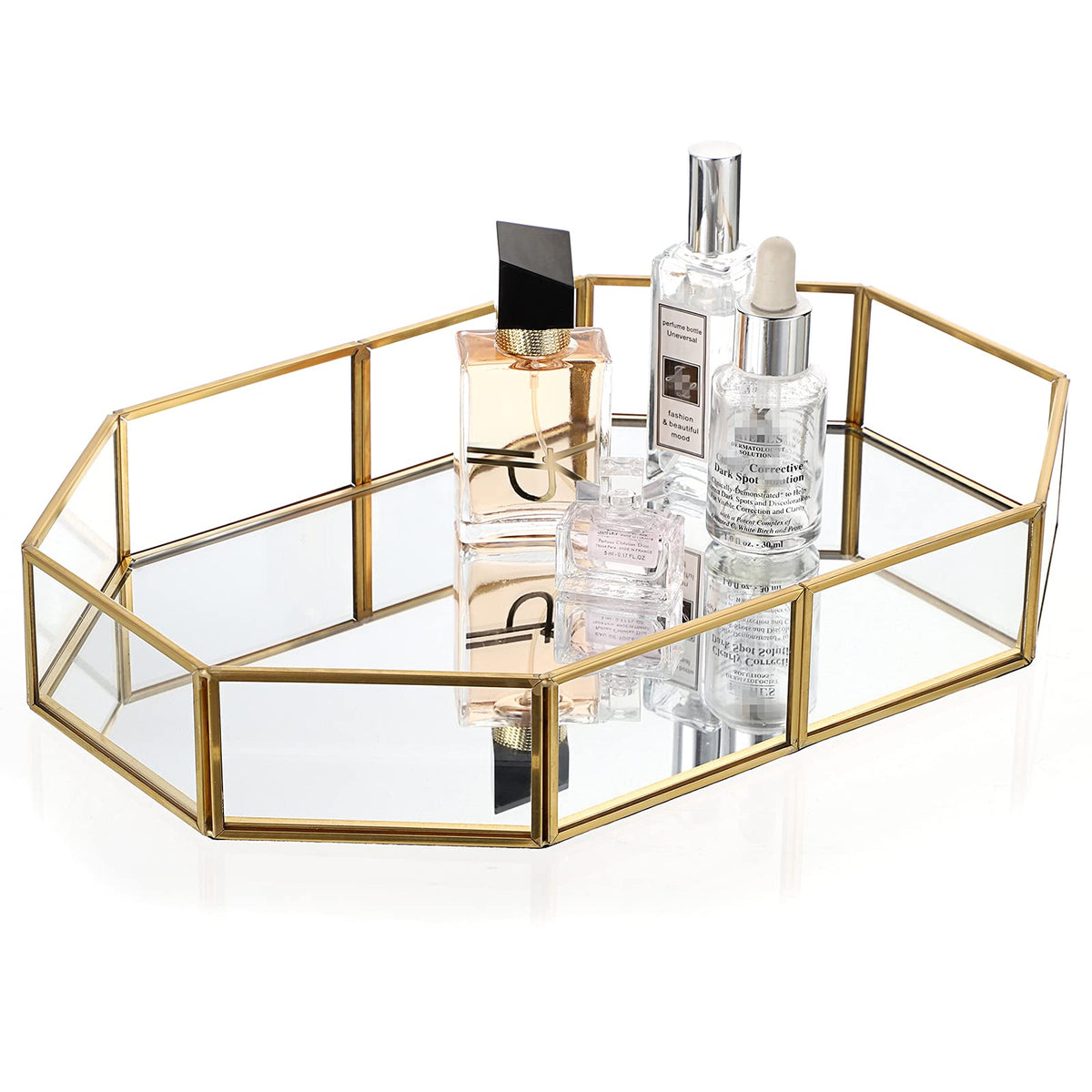Hipiwe Gold mirrored makeup tray for elegant vanity storage and display