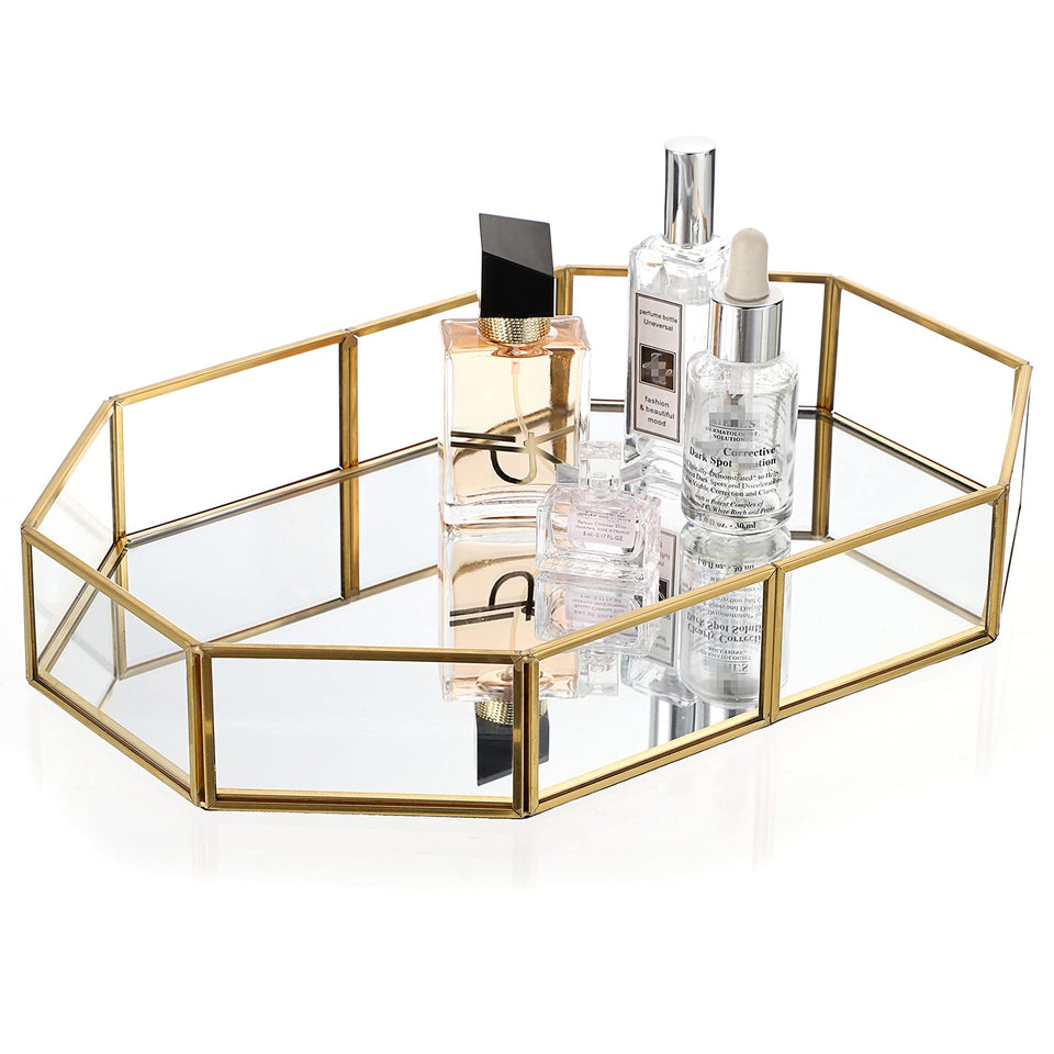 Hipiwe Gold mirrored makeup tray for elegant vanity storage and display