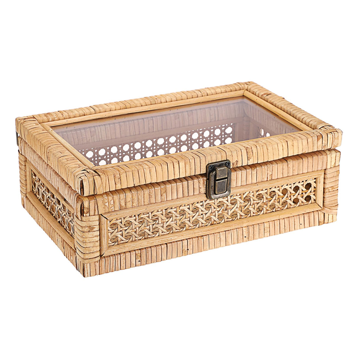 Hipiwe rattan display box with clear lid viewed from above for organized storage