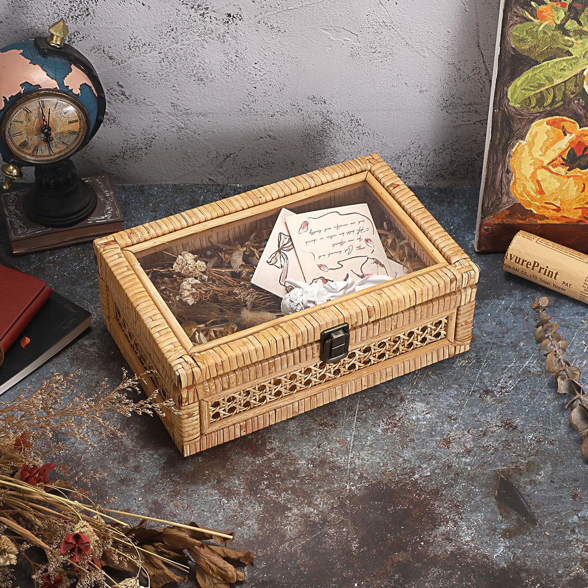 Hipiwe rattan display box lid open reveals organized contents