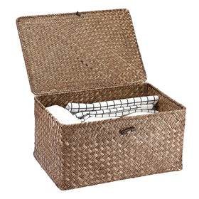Hipiwe wicker shelf basket with lid natural seagrass keeps items organized on a shelf