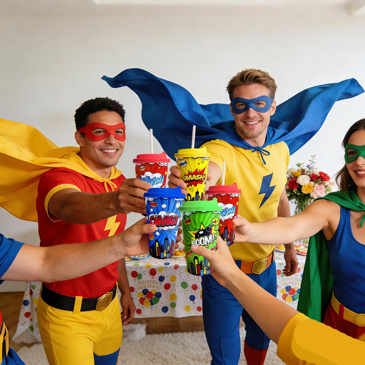 Hipoxa hero cups on a kids party table setup