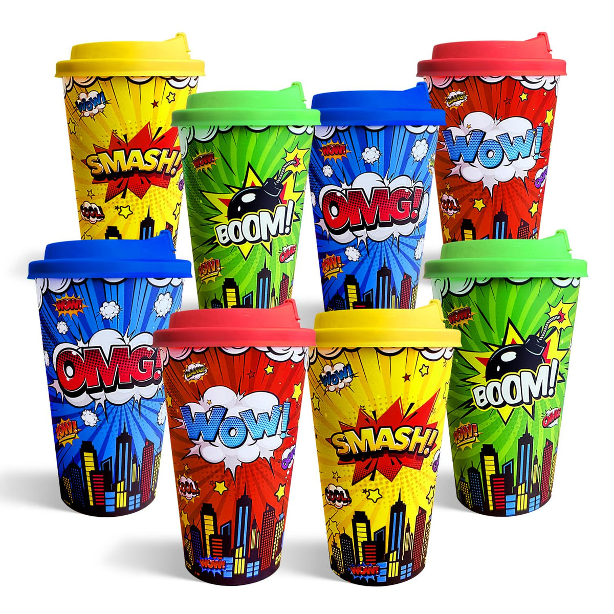 Hipoxa hero-themed cups in red blue yellow and green for lively party tables