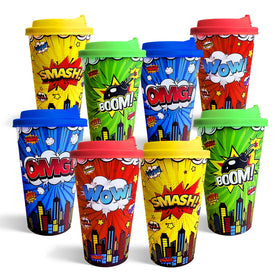 Hipoxa hero-themed cups in red blue yellow and green for lively party tables