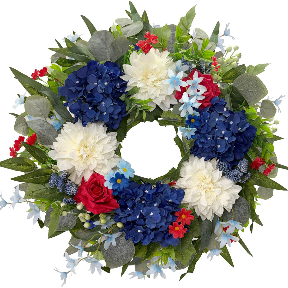 HipTree 24-inch Patriotic Wreath on front door with red, white, blue florals for celebration.