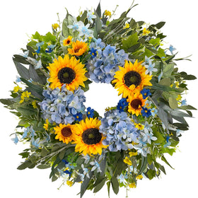 HipTree 24-inch wreath on front door boosts curb appeal with bright yellow-blue blooms