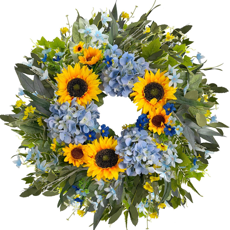 HipTree 24-inch wreath on front door boosts curb appeal with bright yellow-blue blooms