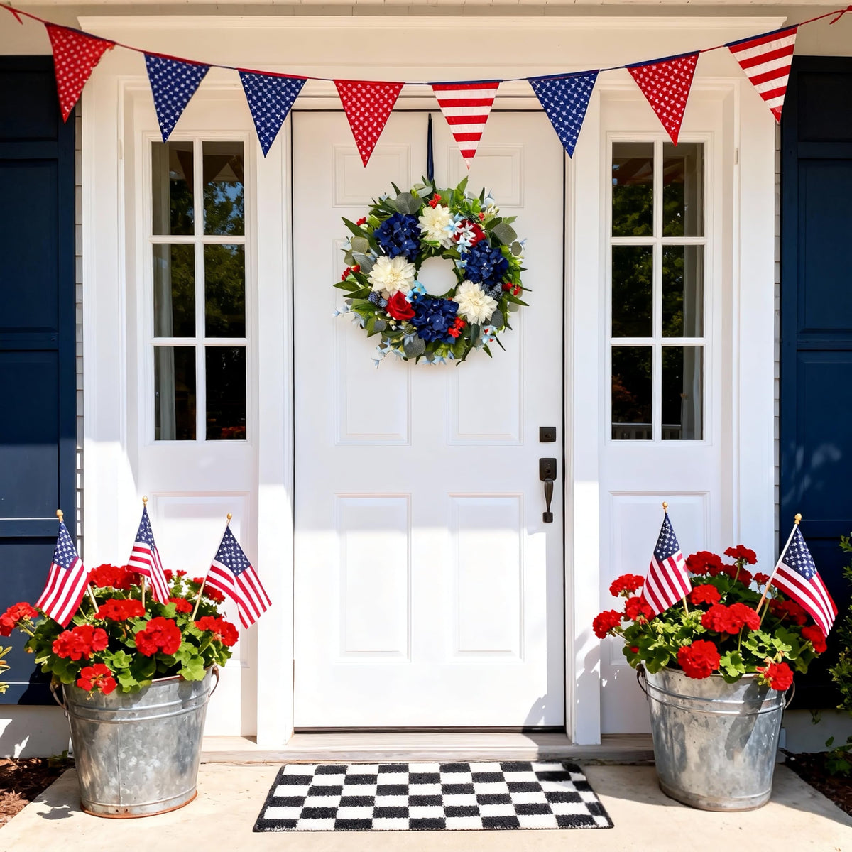 HipTree close-up of layered hydrangeas and dahlias in patriotic wreath.