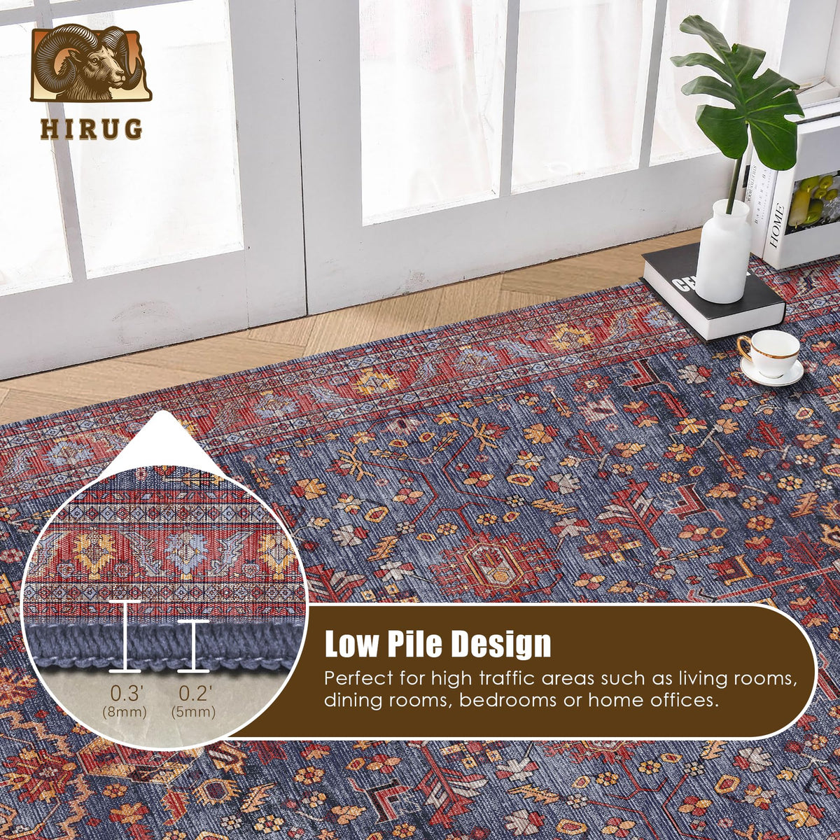 HIRUG indigo crimson colorway adds bold vintage charm to any room.