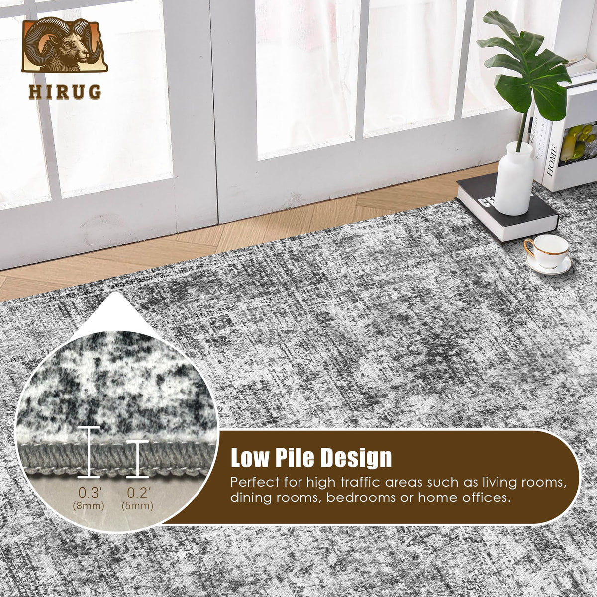 HIRUG graphite and mist colorway blends with modern and traditional interiors.