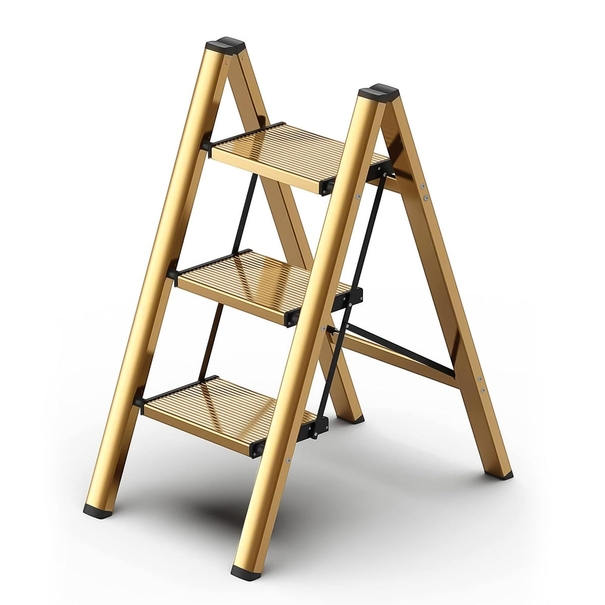 Hismocal foldable step stool aluminium gold close-up with anti-slip pedal