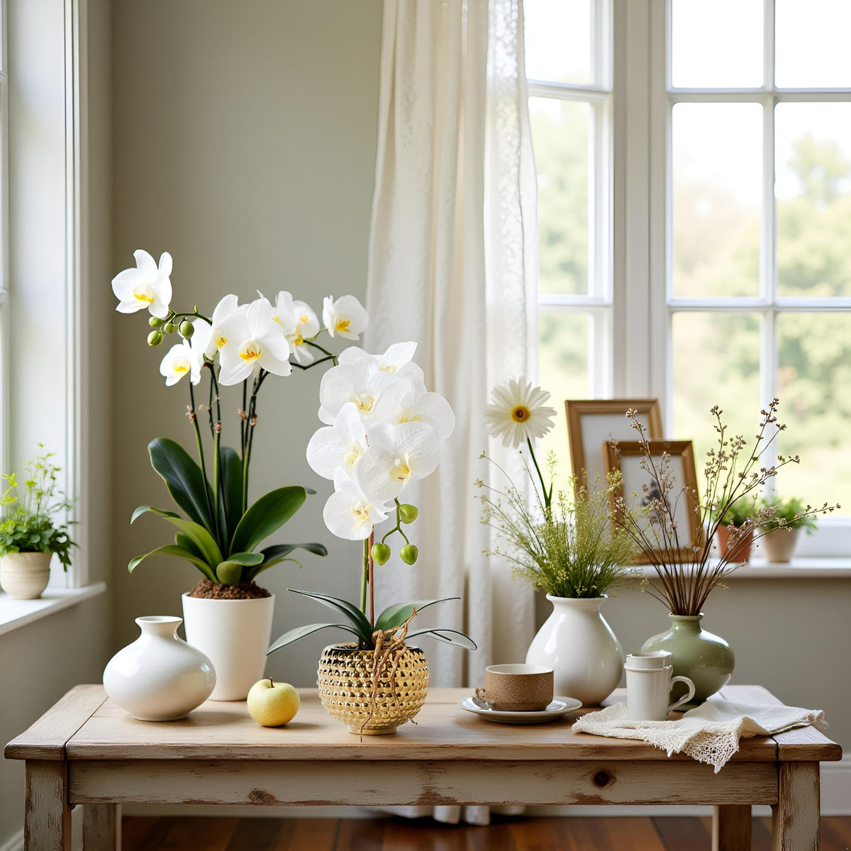 Hisow orchid in golden pot is easy to dust and clean.