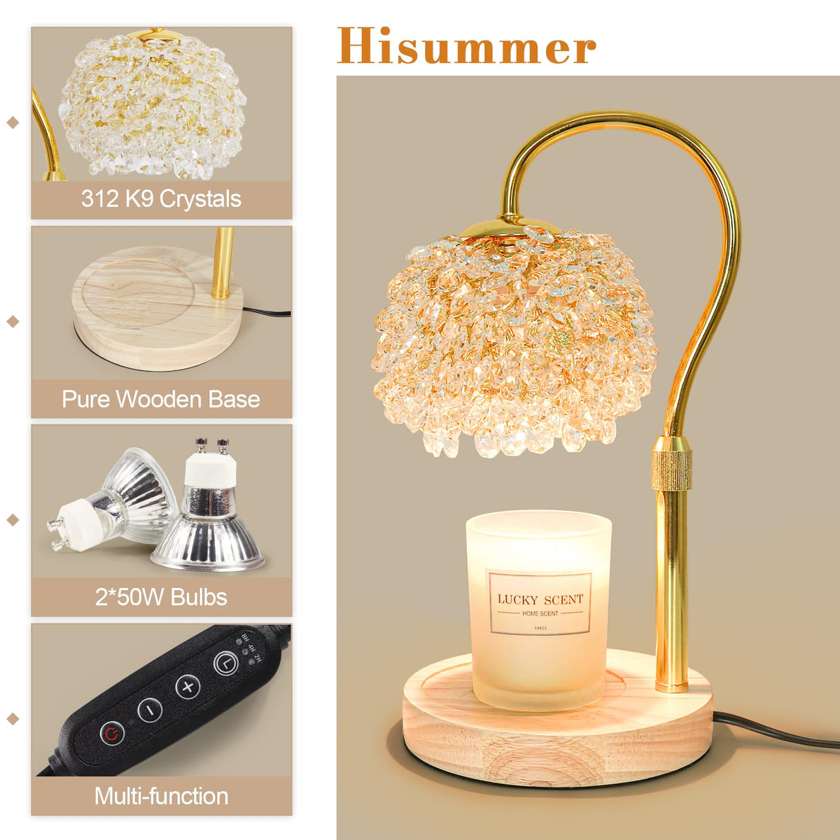 Adjustable-height Hisummer warmer fits most jar candles for optimal heat diffusion.