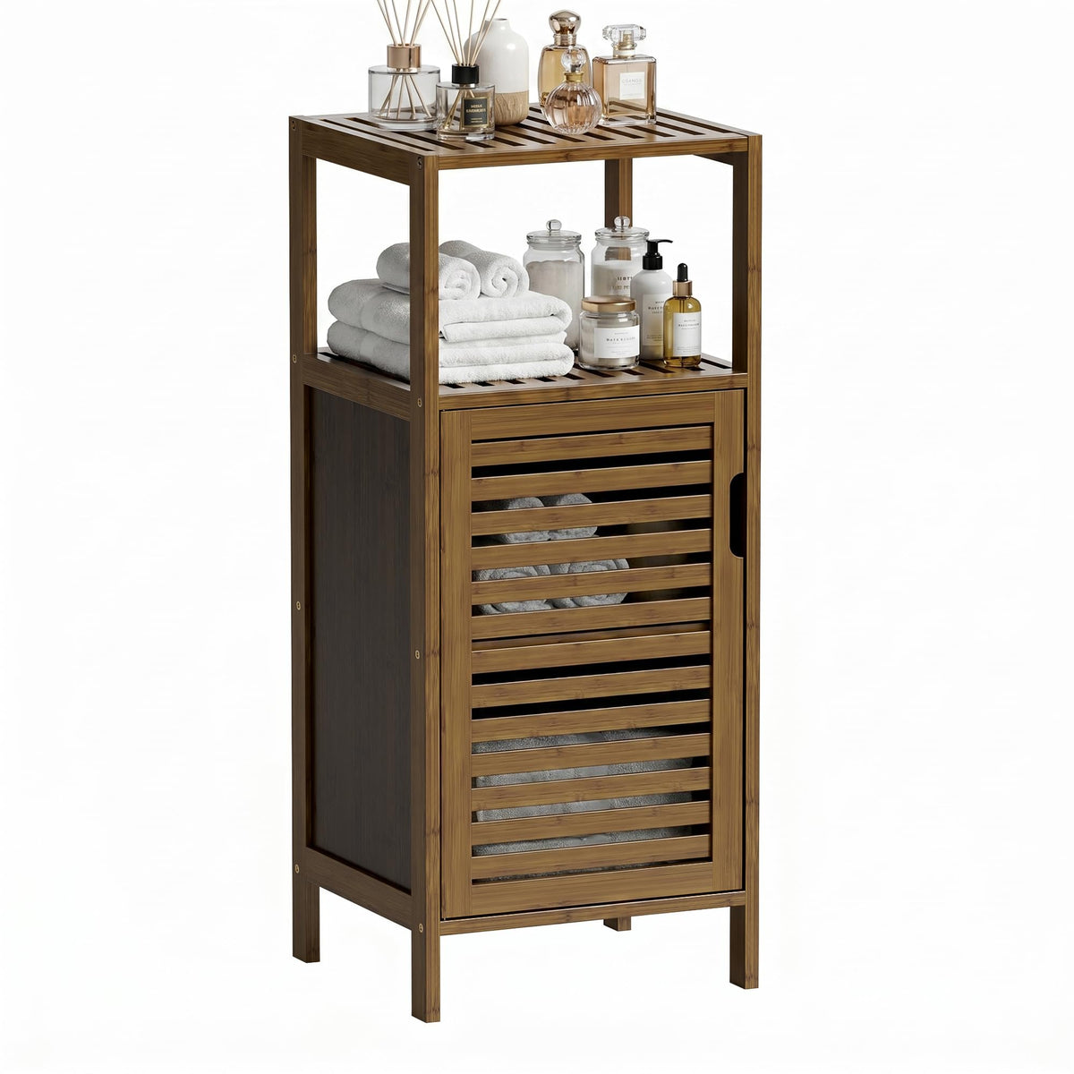 HITNET bamboo floor cabinet with four tiers for compact storage in walnut finish