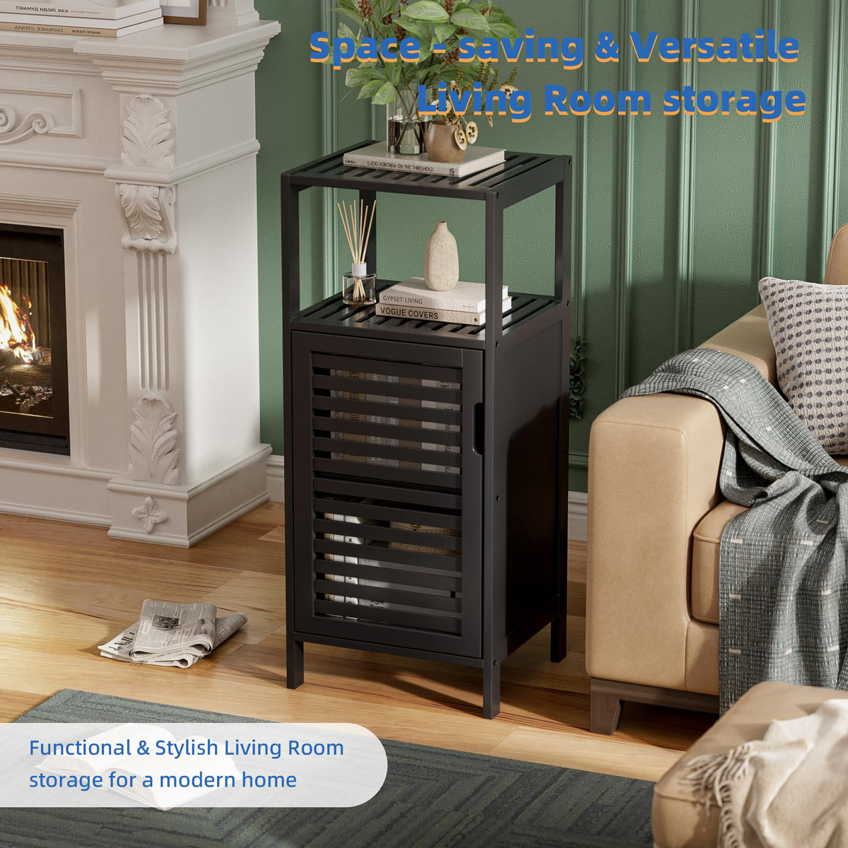 Hitnet bamboo cabinet door closed shows concealed storage behind the single door